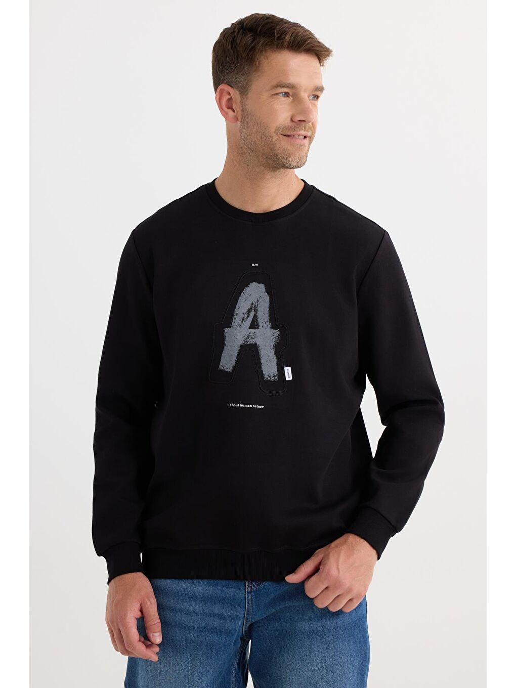 Unisex Relax Fit Rahat Kesim Pamuklu Yumuşak Dokulu Bisklet Yaka İç Polarlı Baskılı Siyah Sweatshirt-4