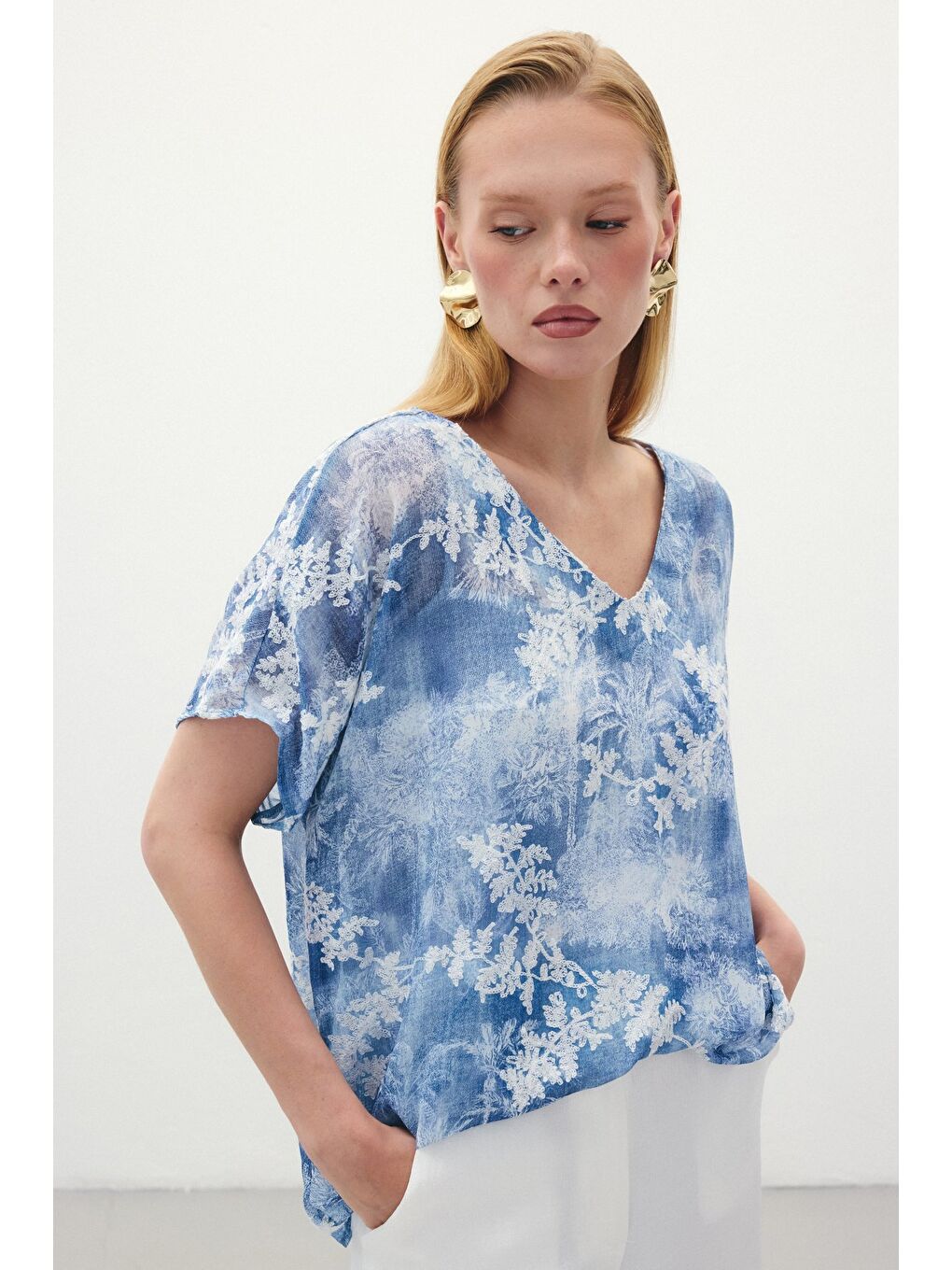 Nakışlı Kısa Kol Bluz - İndigo-6