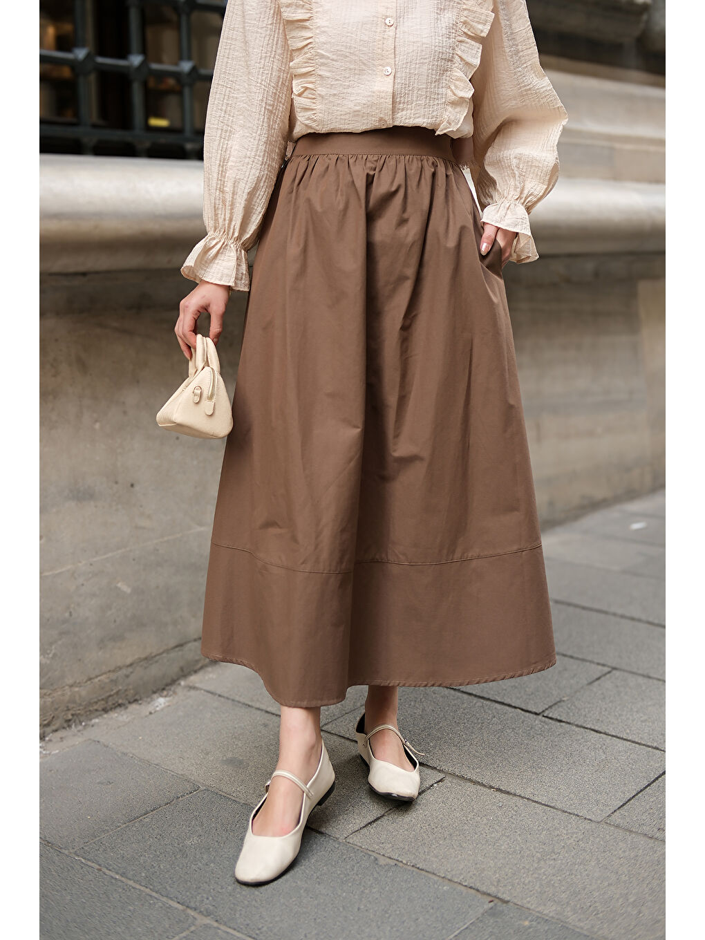 Locco Moda Kadın Beli Lastikli Poplin Etek Kahverengi - 2