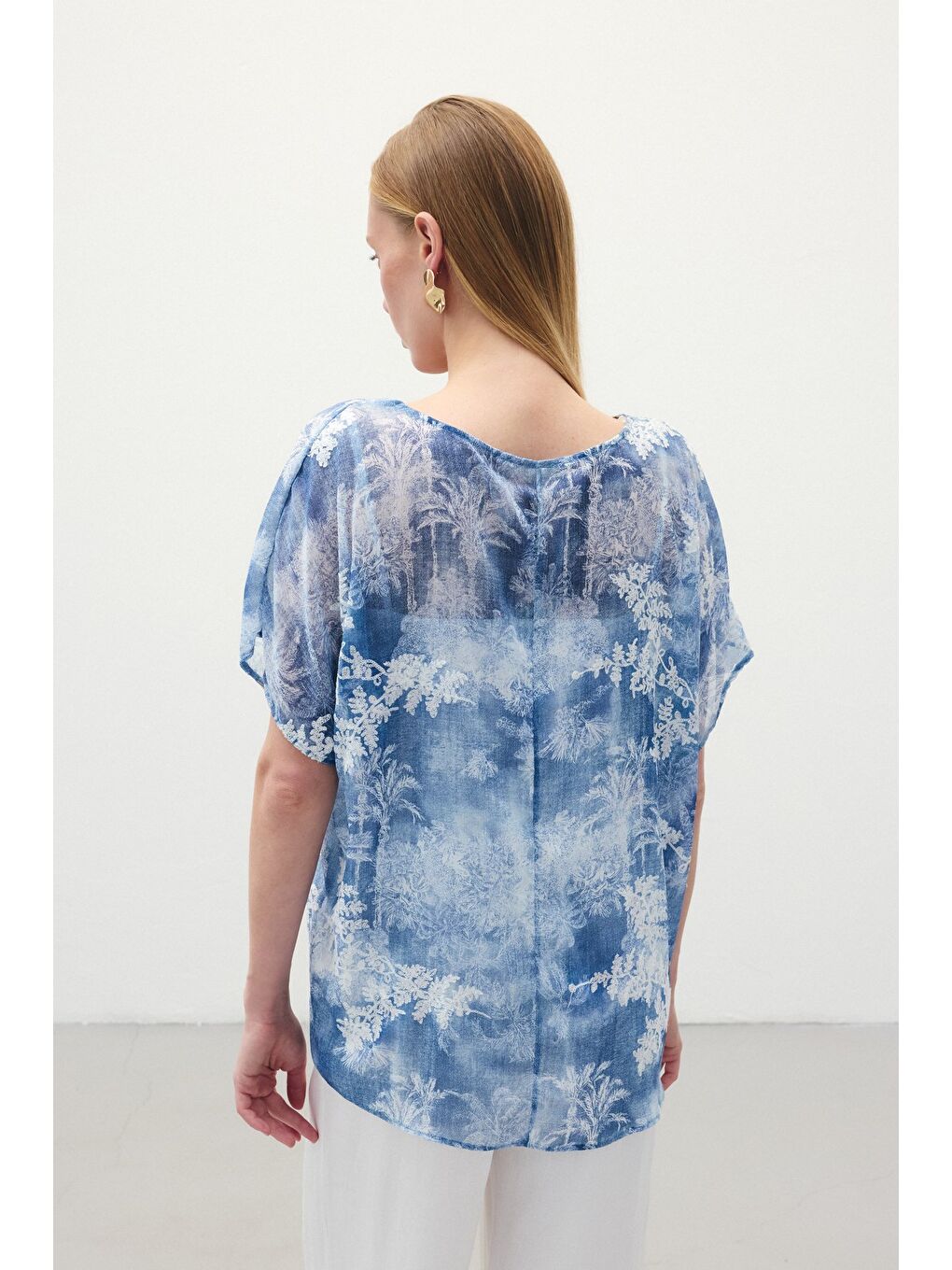 Nakışlı Kısa Kol Bluz - İndigo-7