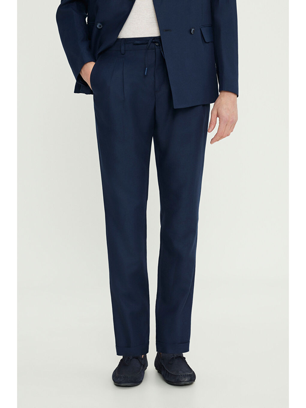 Erkek Lacivert Keten Slim Fit Kırlangıç Yaka Beli Bağlamalı Kruvaze Takım Elbise-5