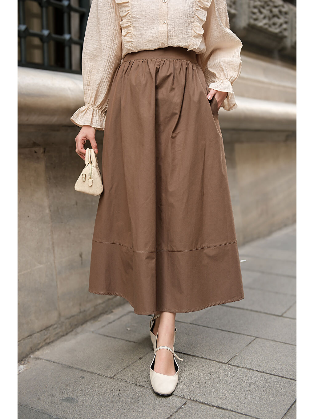 Locco Moda Kadın Beli Lastikli Poplin Etek Kahverengi - 3
