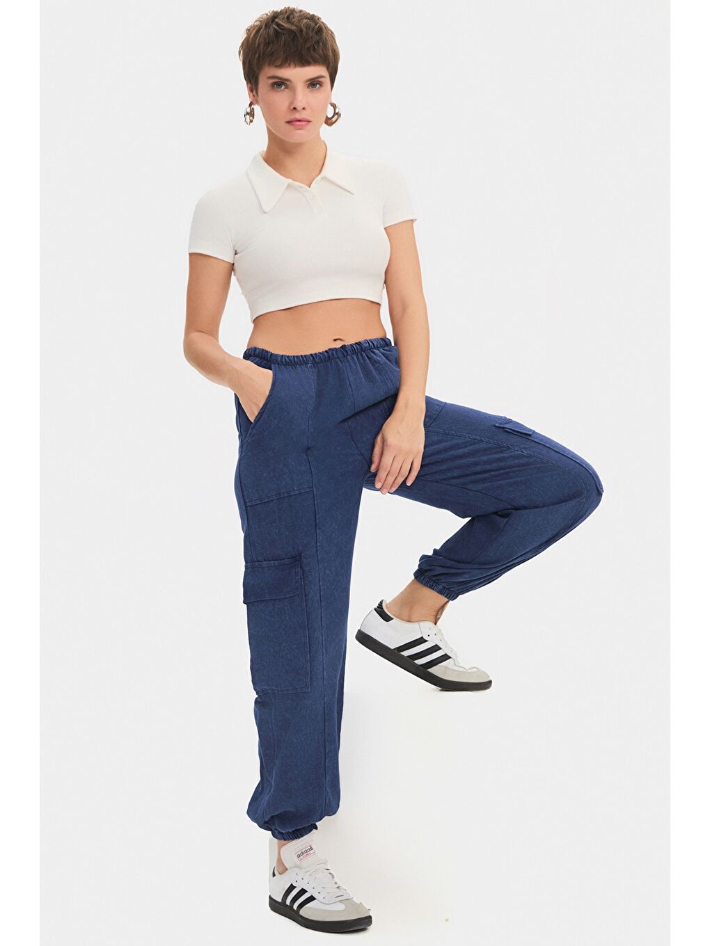 Lacivert Kadın %100 Pamuk Kargo Cepli Jogger Pantolon-1