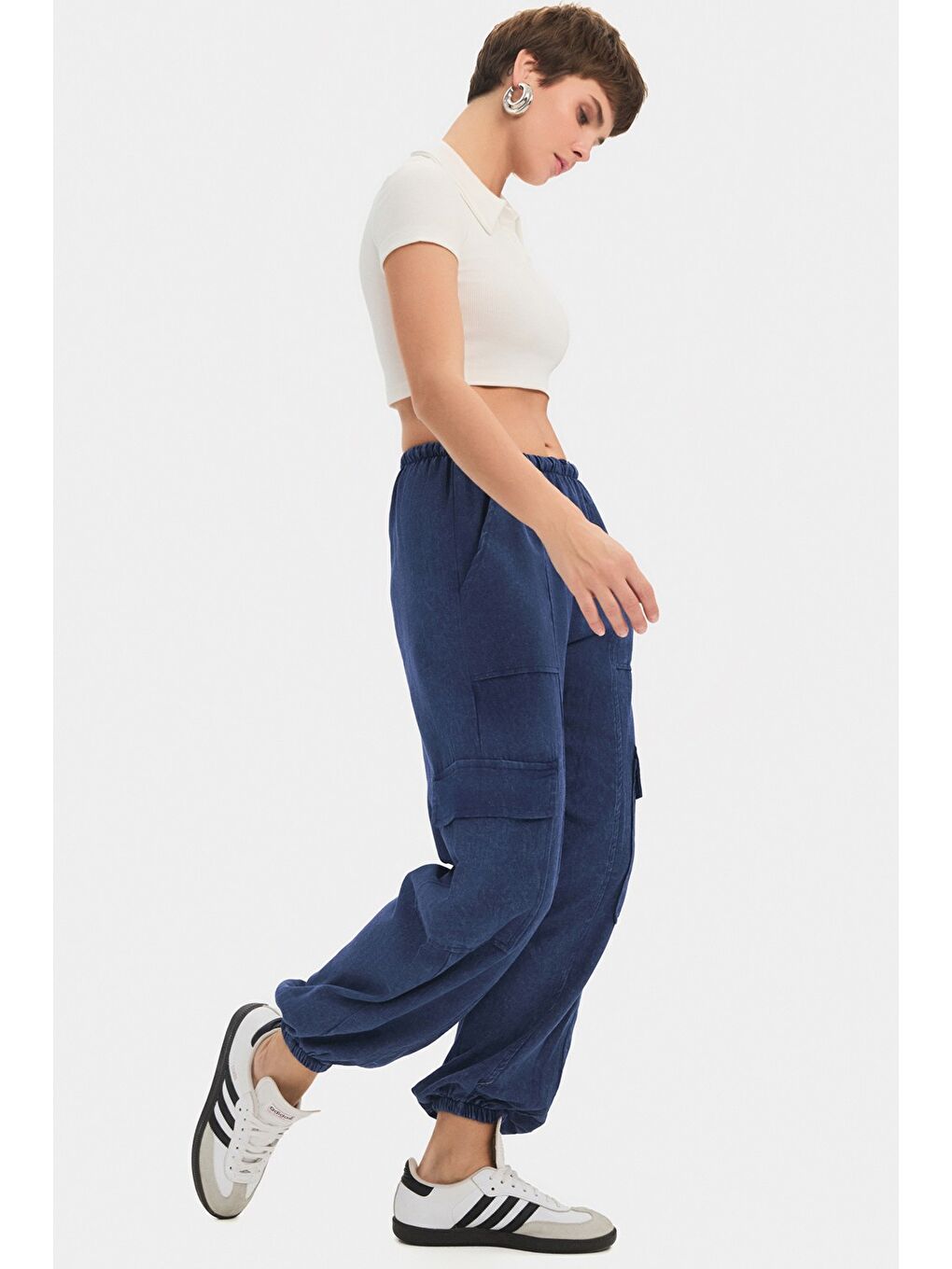 Lacivert Kadın %100 Pamuk Kargo Cepli Jogger Pantolon
