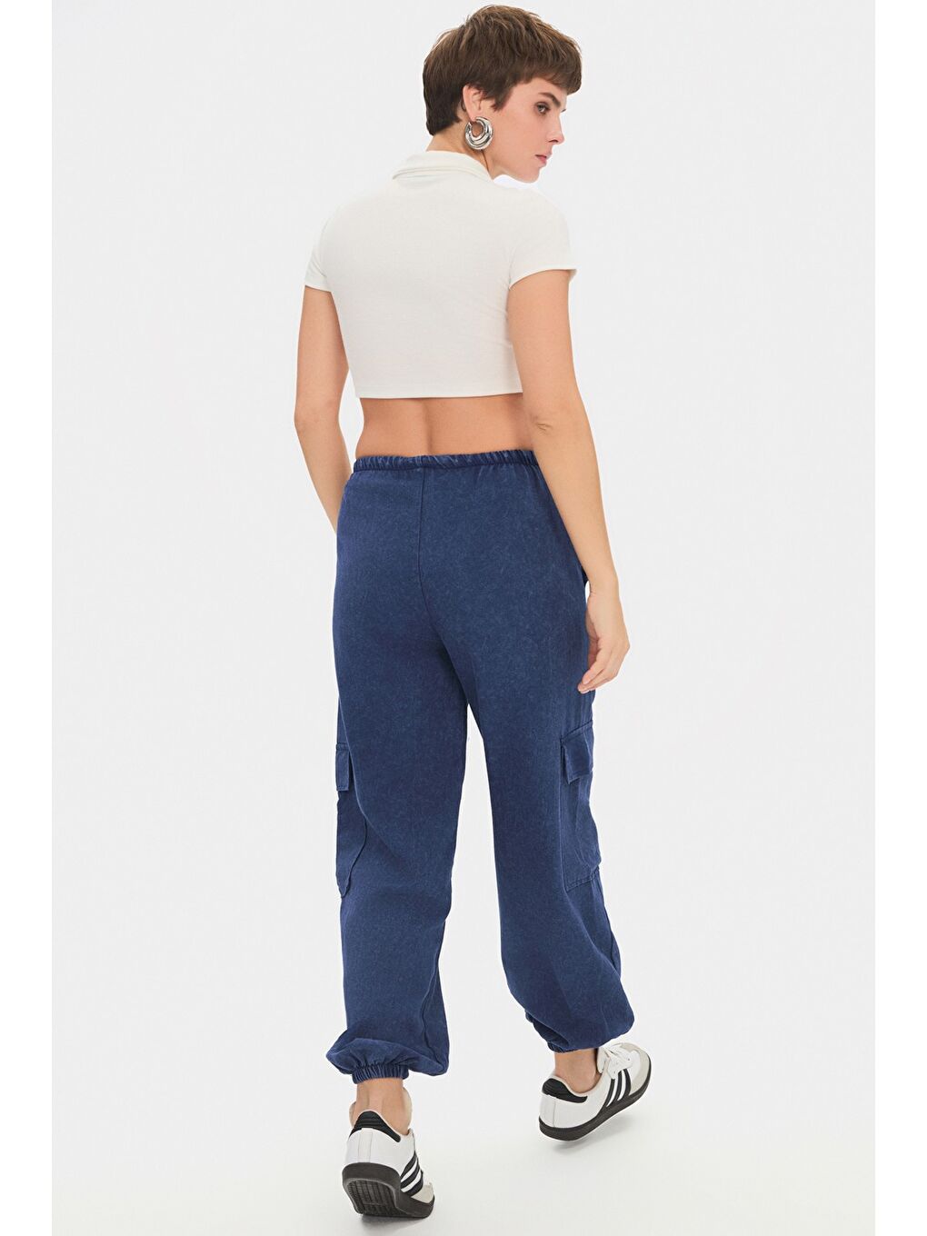 Lacivert Kadın %100 Pamuk Kargo Cepli Jogger Pantolon-4