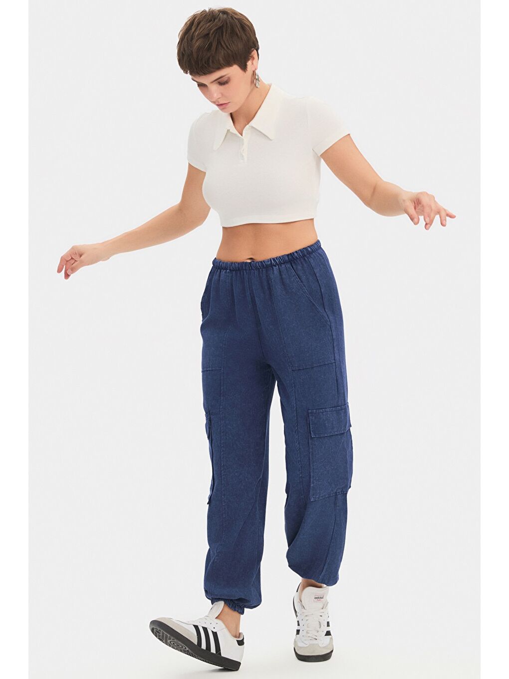 Lacivert Kadın %100 Pamuk Kargo Cepli Jogger Pantolon-2