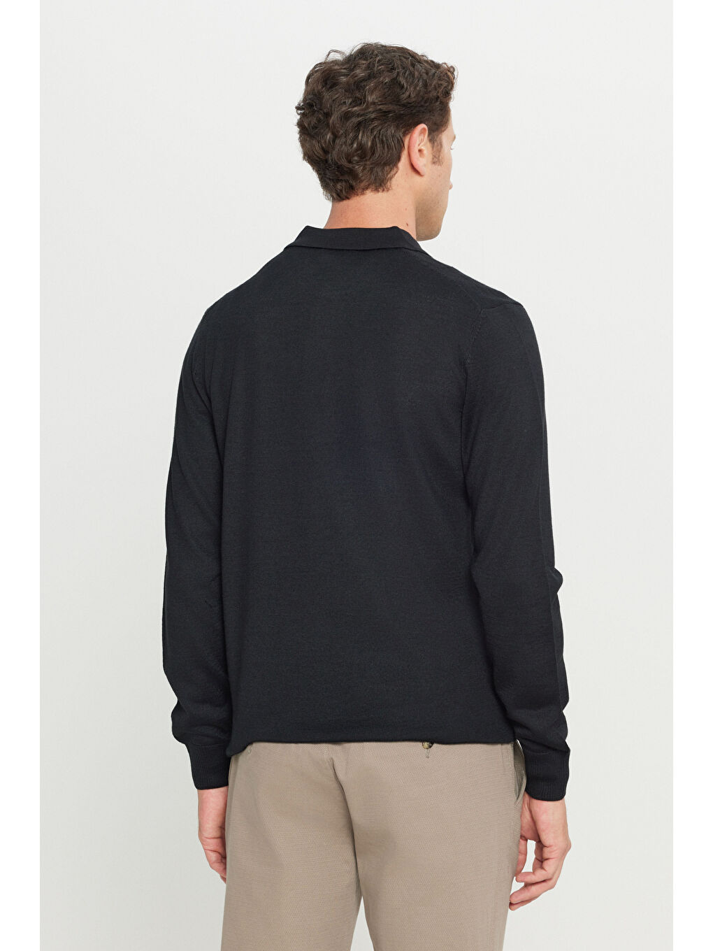 Erkek Siyah Yünlü Standart Fit Normal Kesim Polo Yaka Basic Triko Kazak-4
