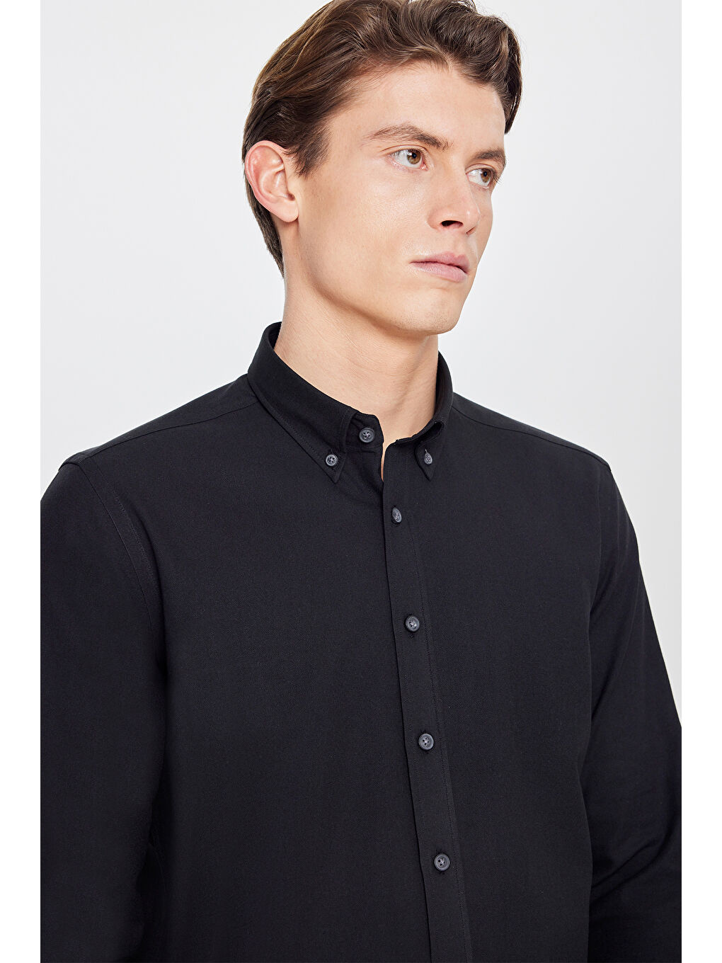 Erkek Siyah Pamuklu Slim Fit Dar Kesim Düğmeli Yaka Diagonal Desenli Flanel Gömlek-3