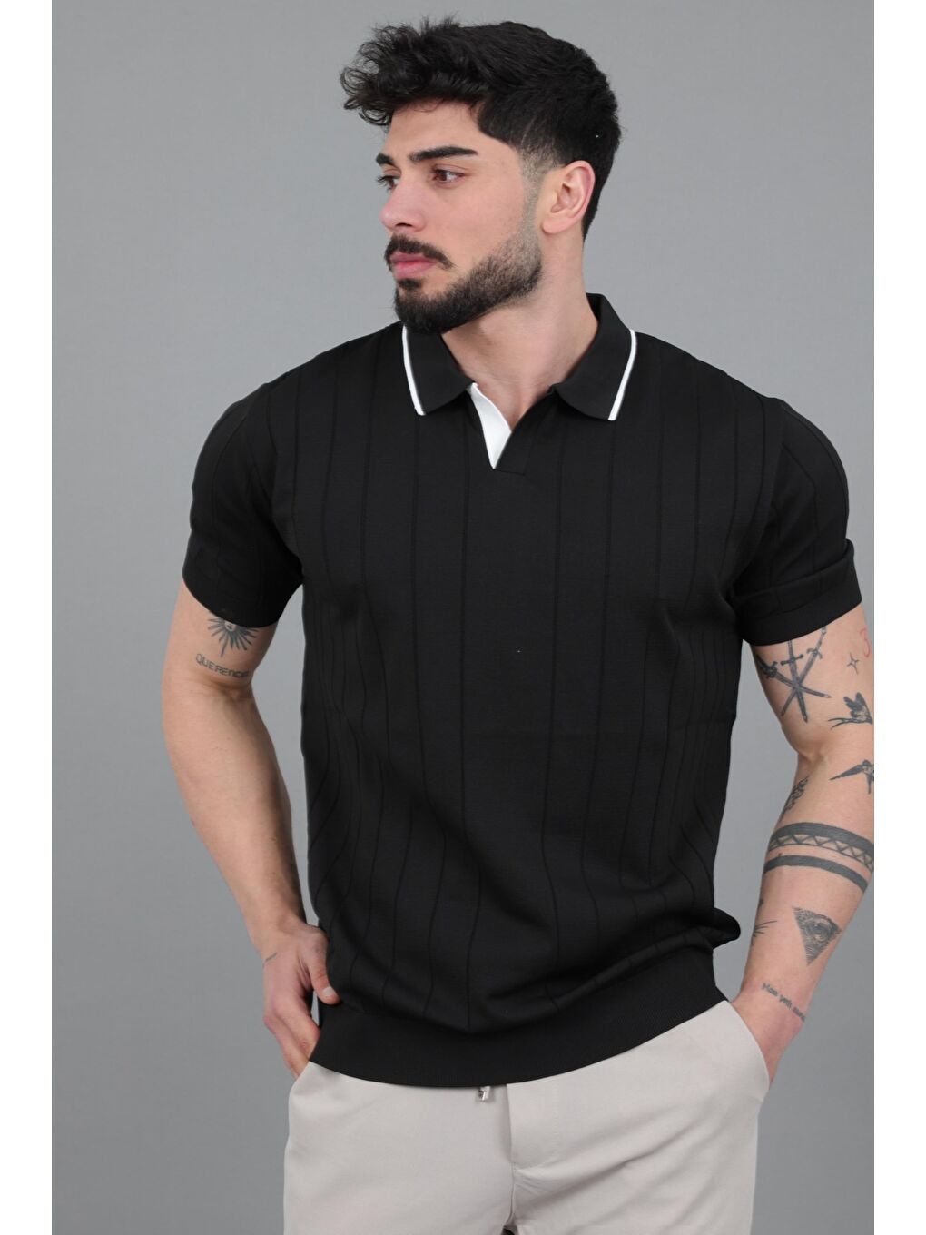 Siyah Apaç Yaka Çizgi Desen Tişört JRX 1003_30496