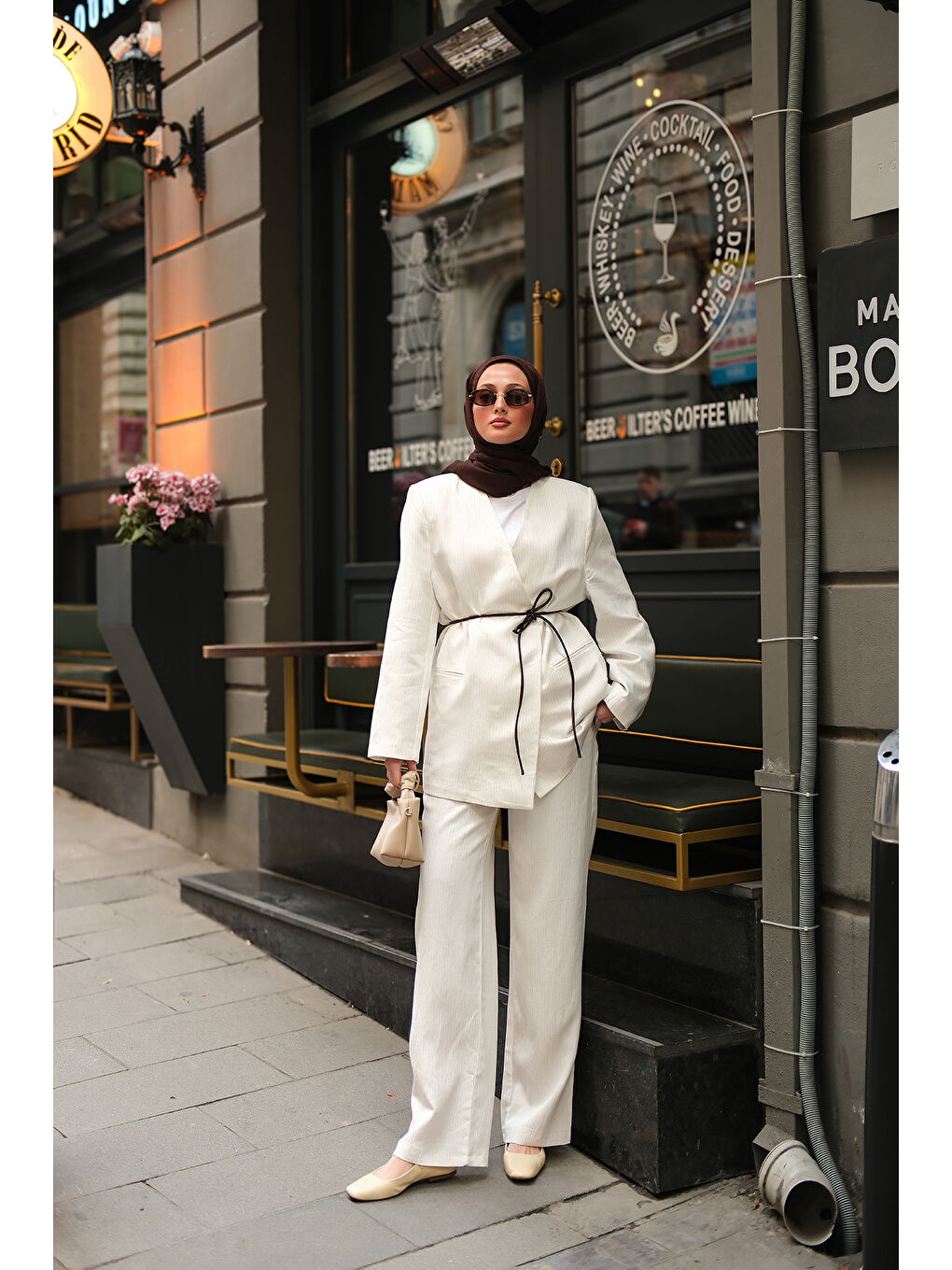 Kadın Çizgili Vizolin Kruvaze Ceket  Beyaz