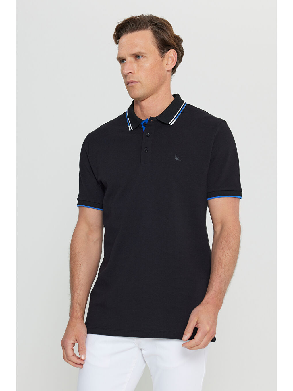 Erkek Siyah %100 Pamuk Slim Fit Dar Kesim Polo Yaka Tişört-2