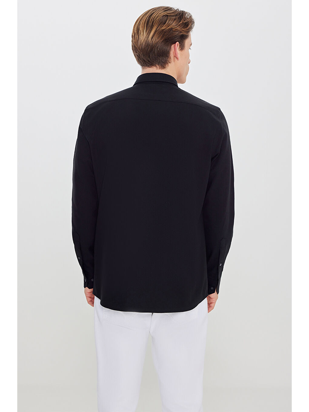 Erkek Siyah Pamuklu Slim Fit Dar Kesim Düğmeli Yaka Diagonal Desenli Flanel Gömlek-4