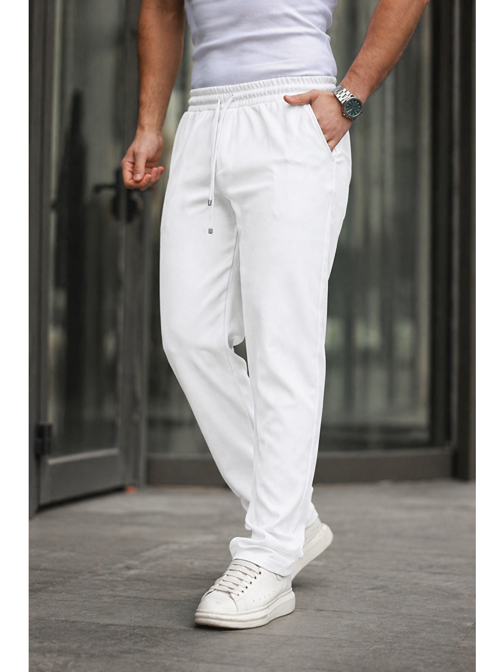 Beyaz Erkek Bol Paça Baggy Pantolon-1