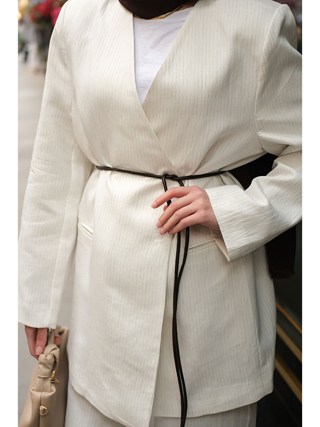 Kadın Çizgili Vizolin Kruvaze Ceket  Beyaz-4