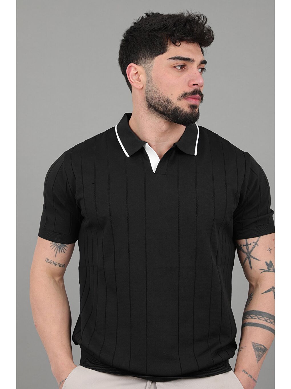 Siyah Apaç Yaka Çizgi Desen Tişört JRX 1003_30496-1