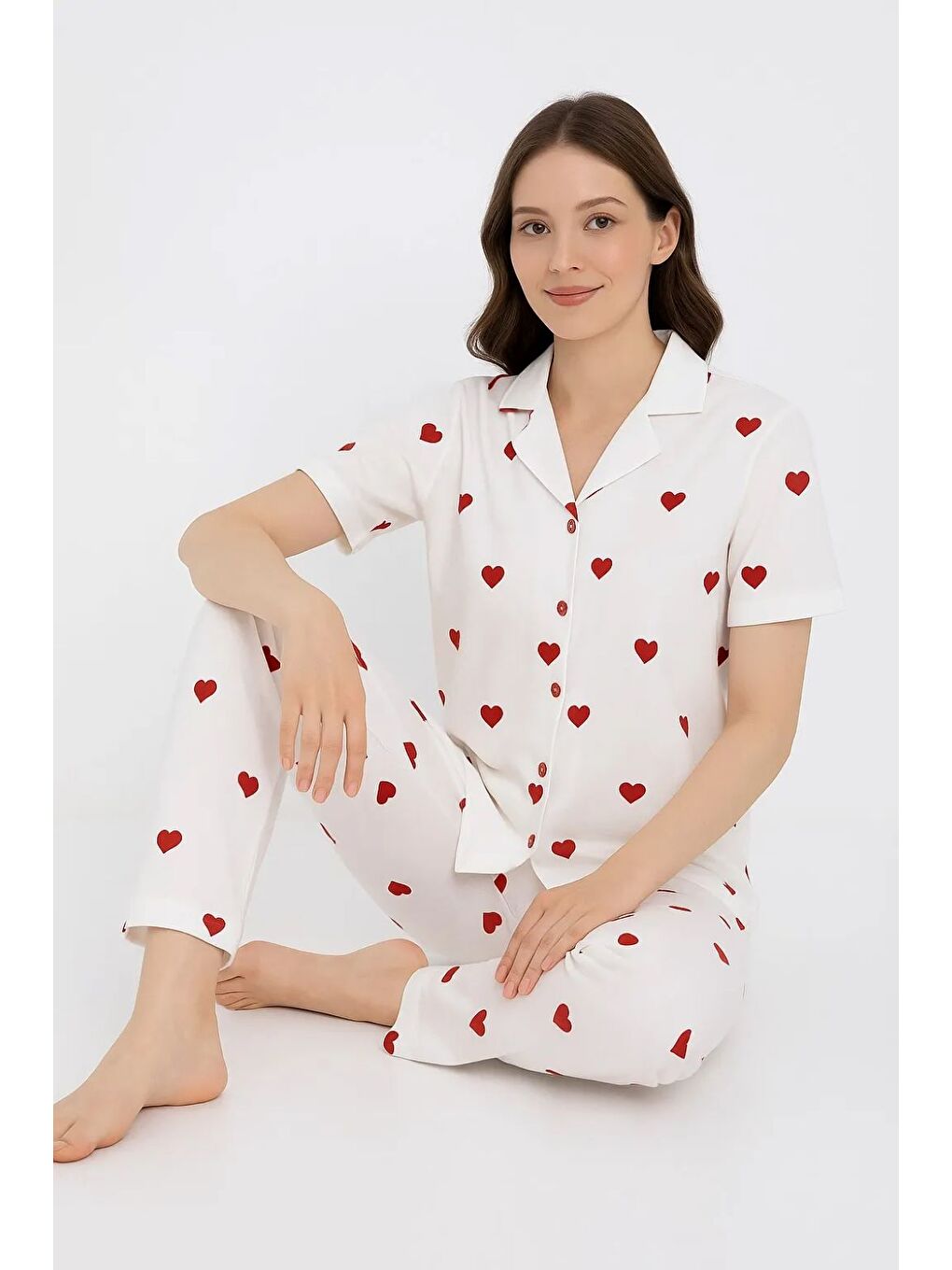 Beyaz PAMUKLU DÜĞMELİ PİJAMA TAKIM 451-42 KISAKOL