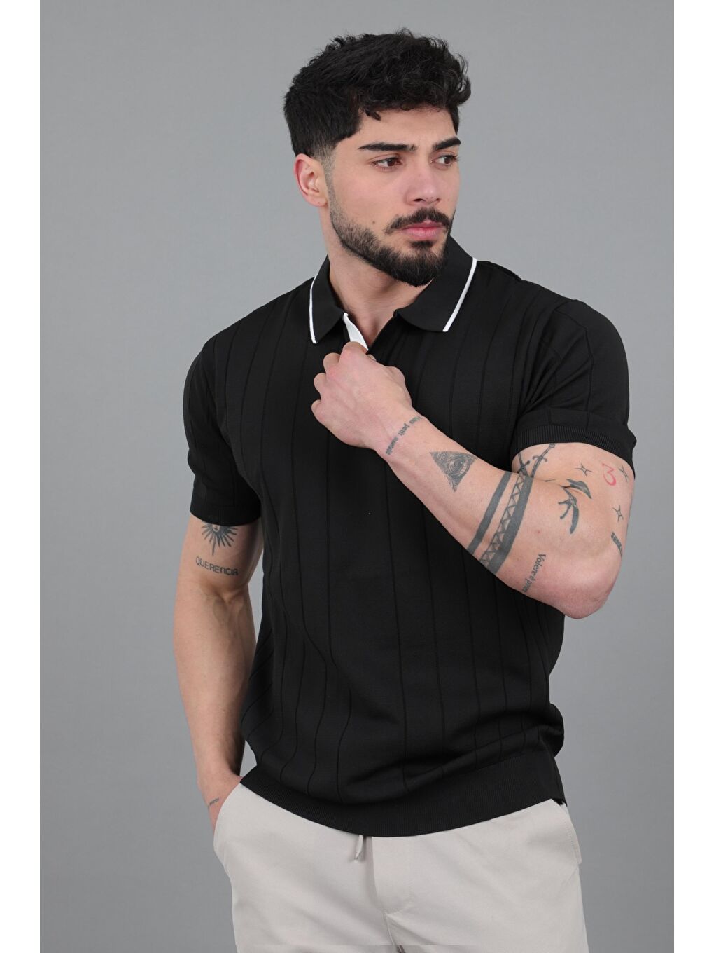 Siyah Apaç Yaka Çizgi Desen Tişört JRX 1003_30496-2