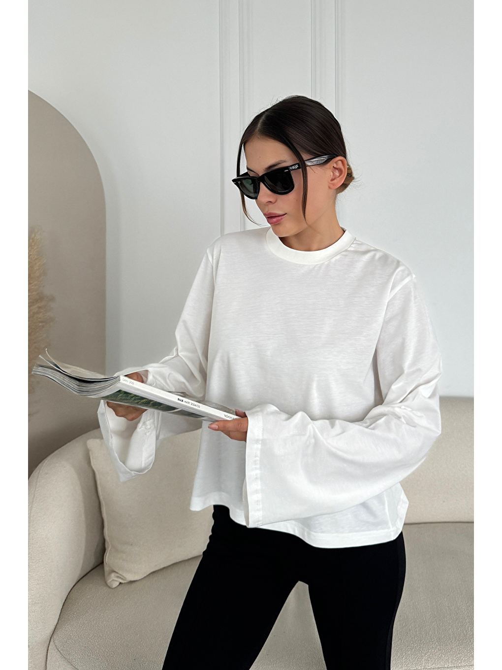 Lila Geniş Kol Oversize 2'Li Paket T-Shirt 965 İndigo/Ekru-5