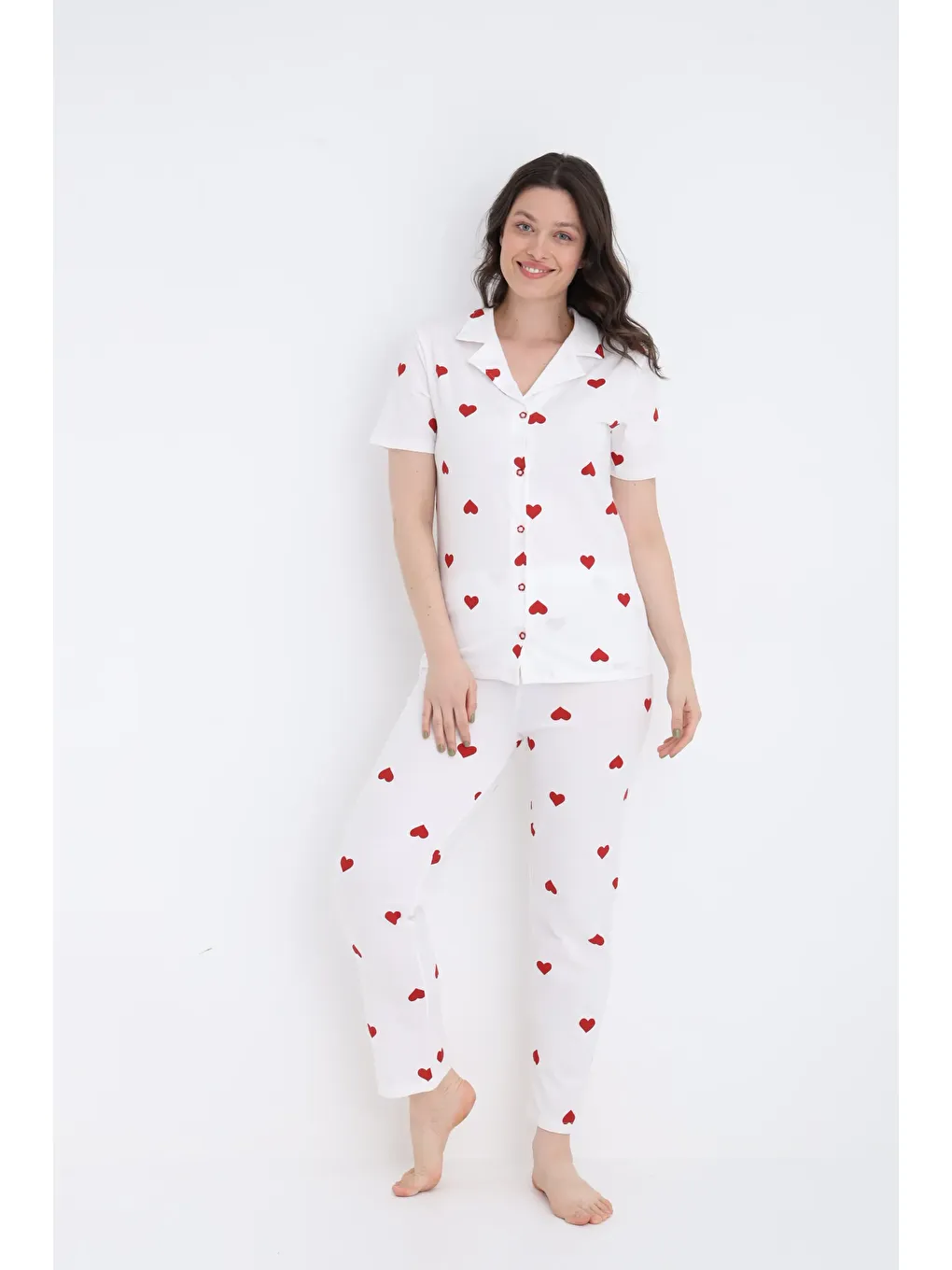 Beyaz PAMUKLU DÜĞMELİ PİJAMA TAKIM 451-42 KISAKOL-1
