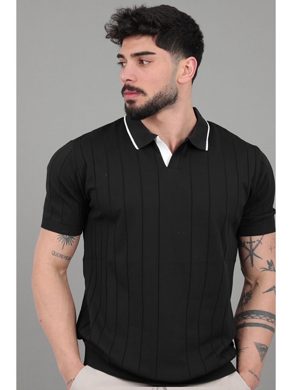 Siyah Apaç Yaka Çizgi Desen Tişört JRX 1003_30496-3