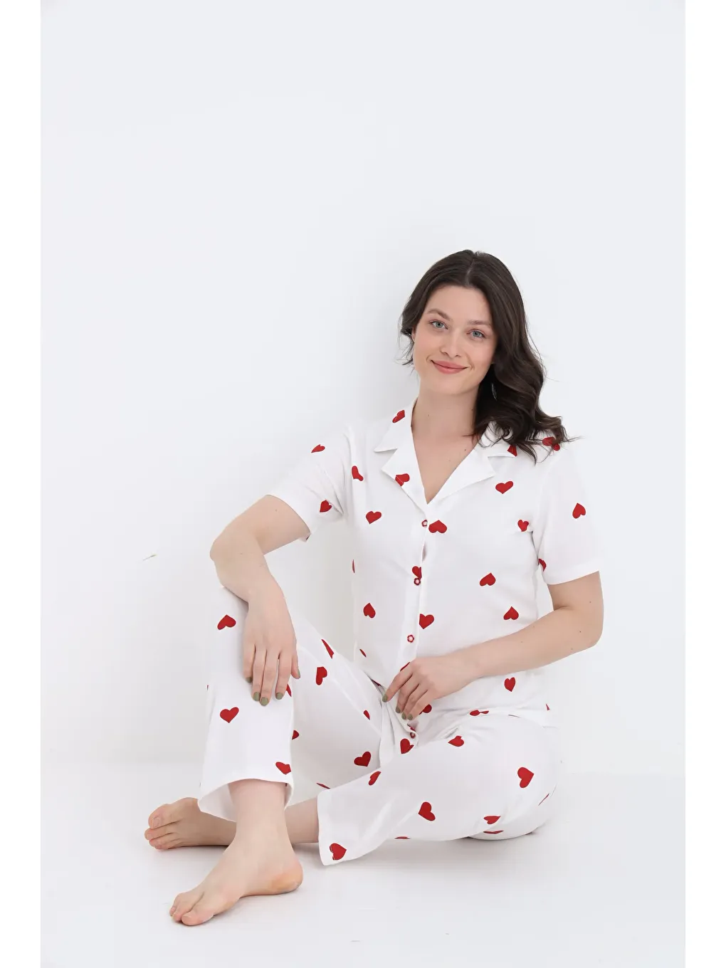 Beyaz PAMUKLU DÜĞMELİ PİJAMA TAKIM 451-42 KISAKOL-2