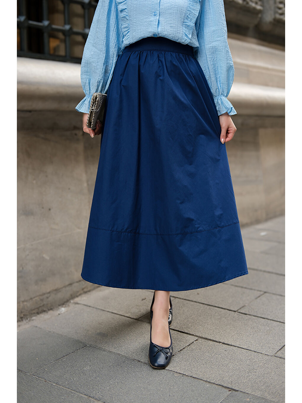 Kadın Beli Lastikli Poplin Etek Lacivert-1