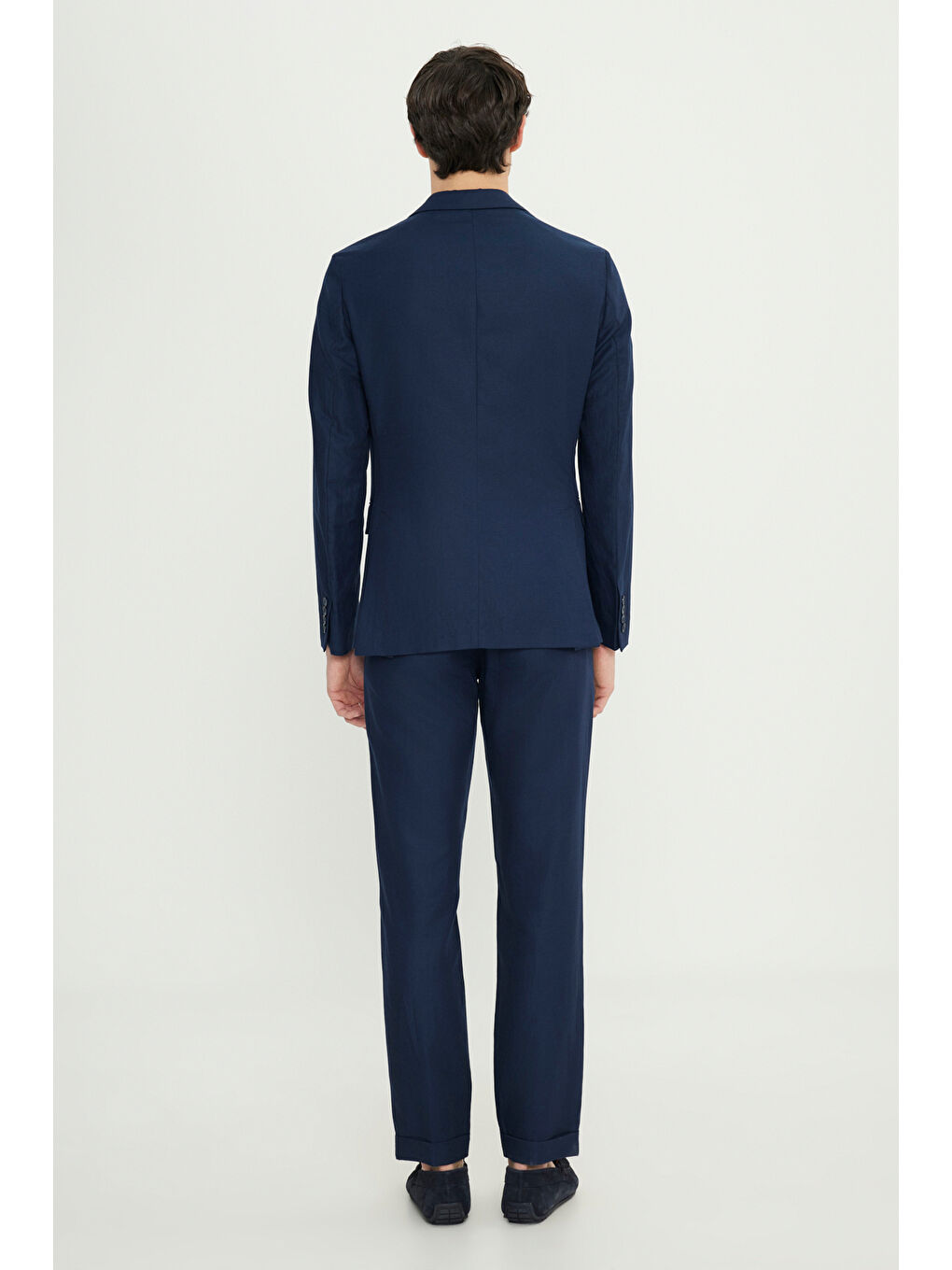 Erkek Lacivert Keten Slim Fit Kırlangıç Yaka Beli Bağlamalı Kruvaze Takım Elbise-7