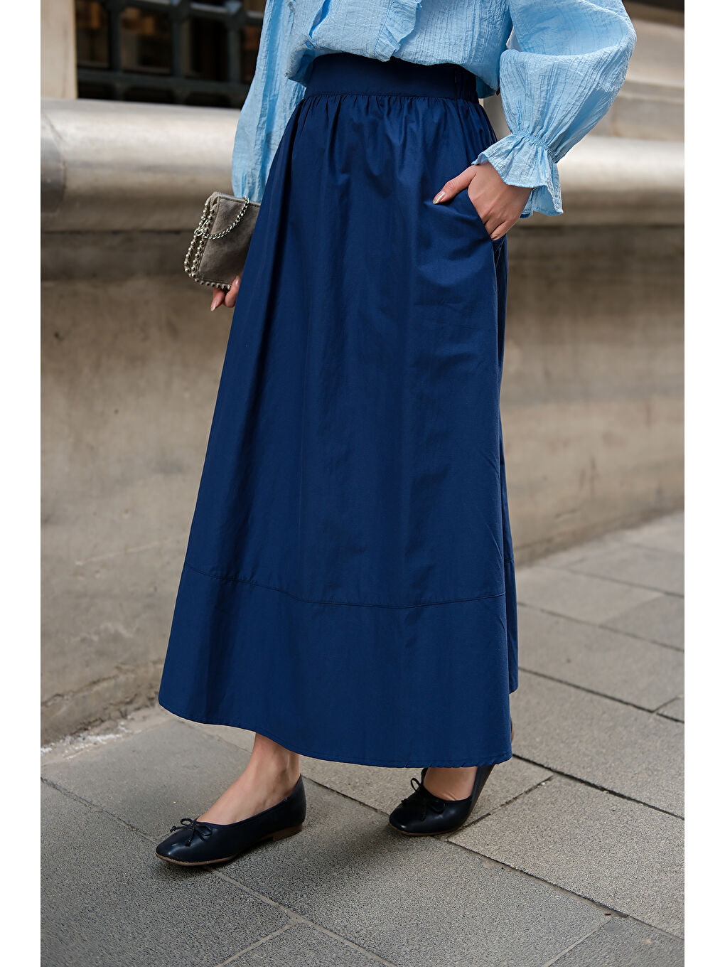 Kadın Beli Lastikli Poplin Etek Lacivert-2