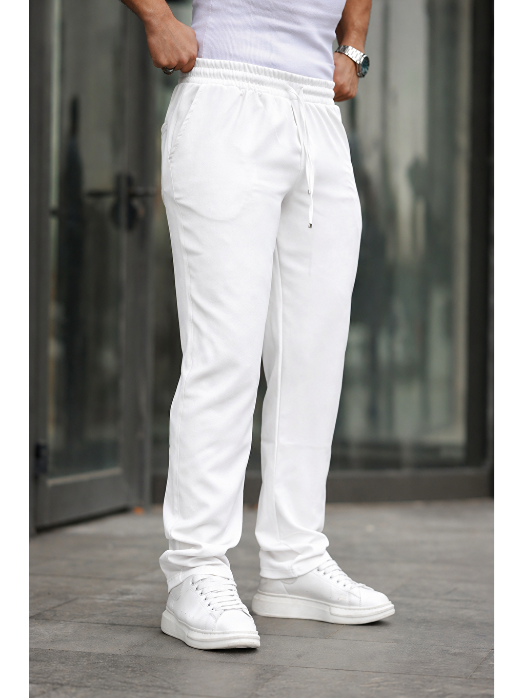 Beyaz Erkek Bol Paça Baggy Pantolon-3