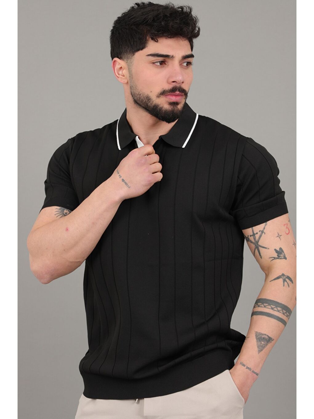 Siyah Apaç Yaka Çizgi Desen Tişört JRX 1003_30496-4