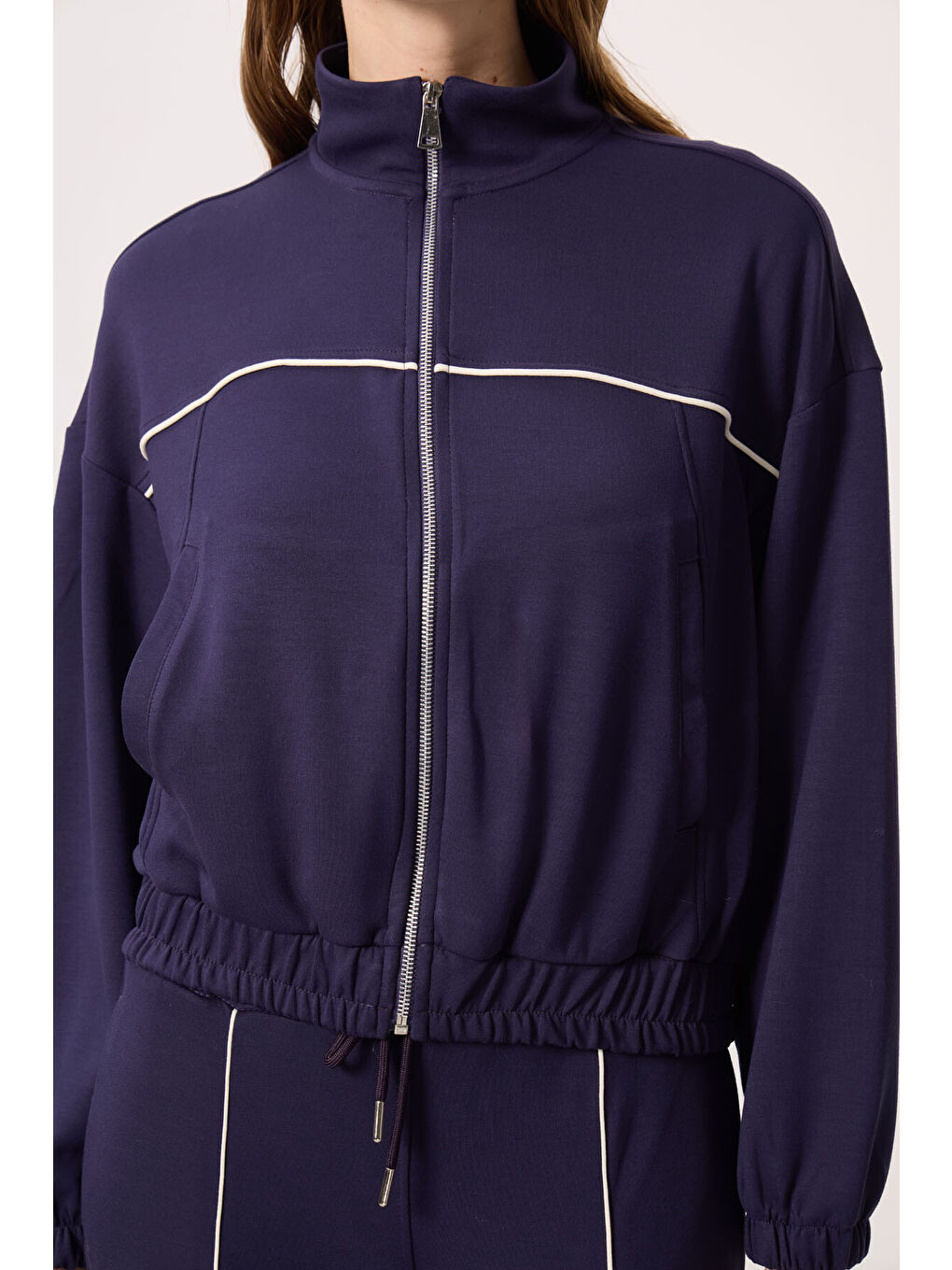 Koyu Mor Yumuşak Dokulu Dik Yaka Oversize Lastikli Kadın Eşofman Takım - 95349-2