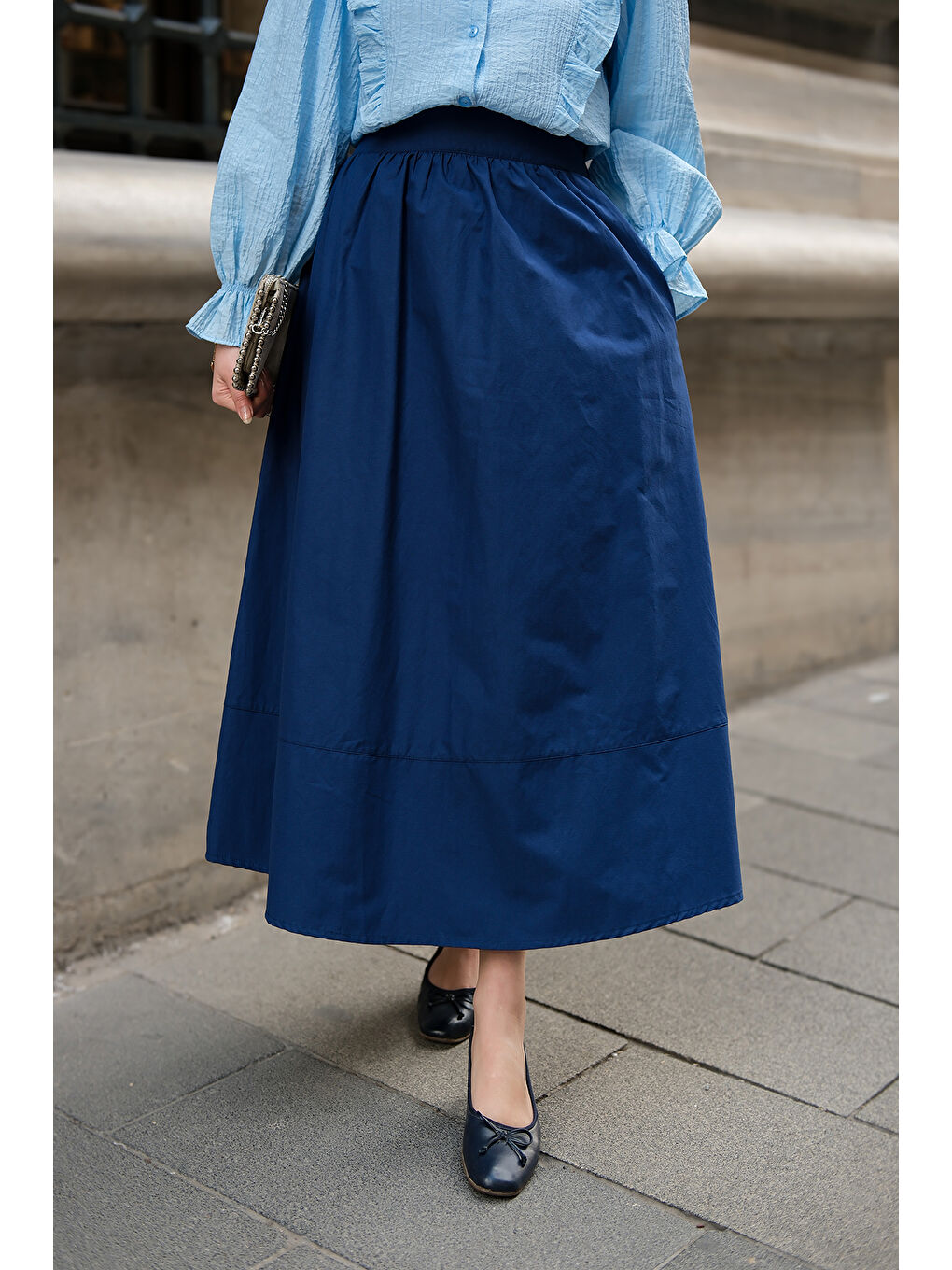 Kadın Beli Lastikli Poplin Etek Lacivert-3