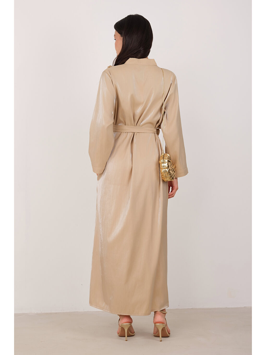 Çiçekli Aplikeli Abaya Koyu Bej-4