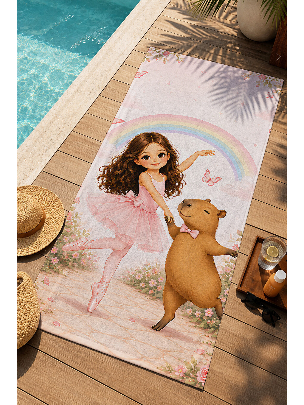 Pembe Masalsı Renk Kemeri Kız Ve Ayıcık Desenli 70x150 Plaj Havlusu - Dijital Baskılı Solmaz Banyo Havlusu-1