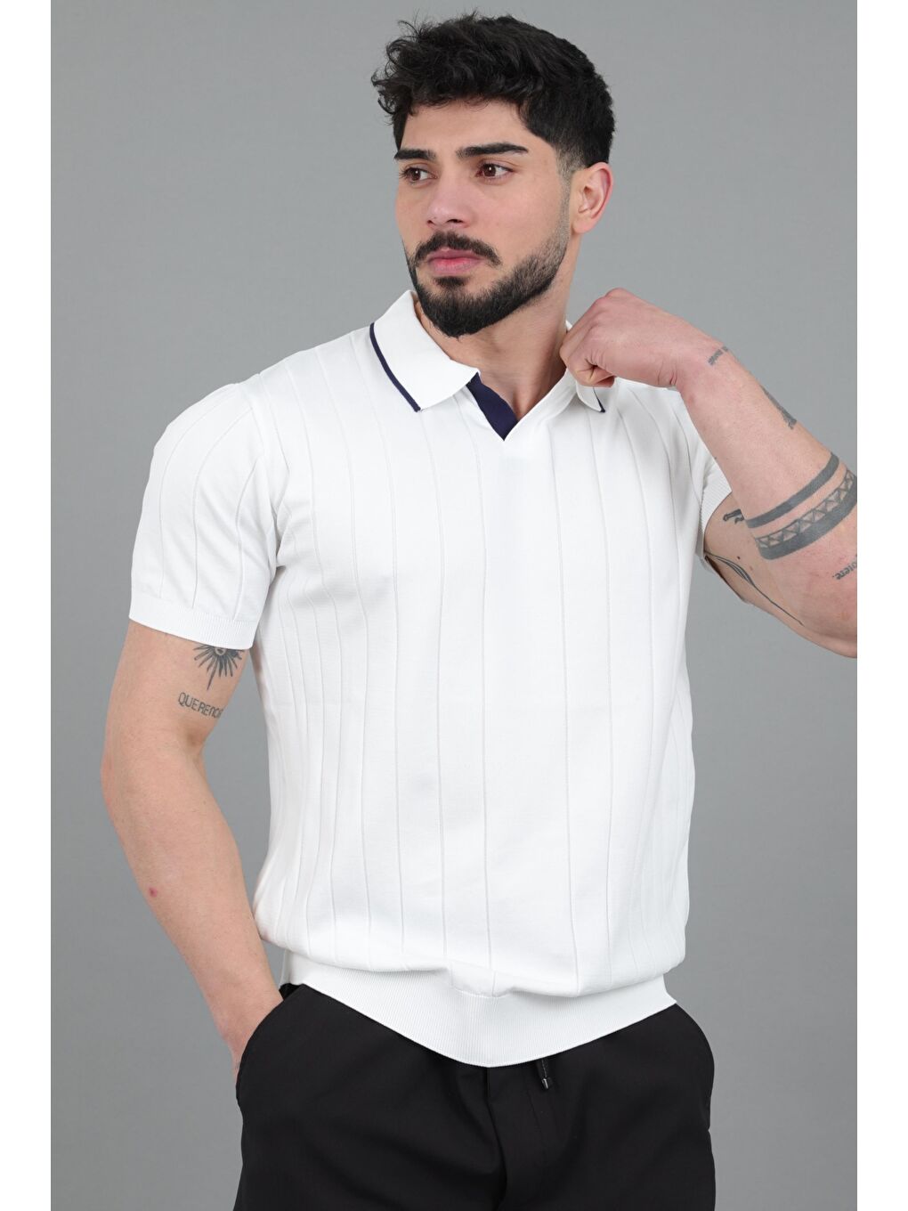 Beyaz Apaç Yaka Çizgi Desen Tişört JRX 1003_30496