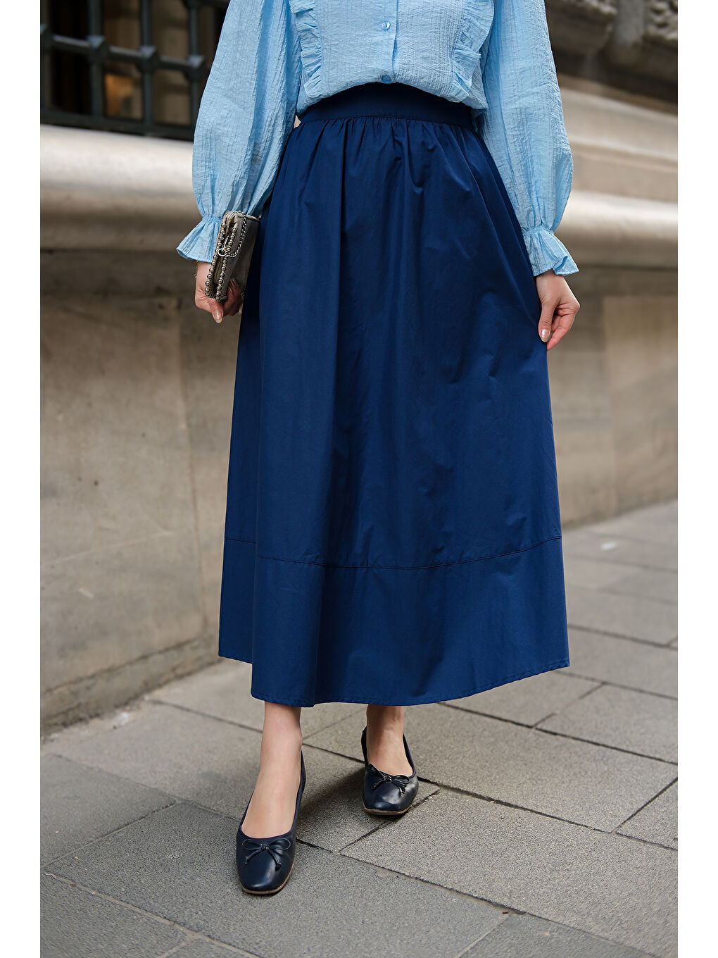 Kadın Beli Lastikli Poplin Etek Lacivert-4