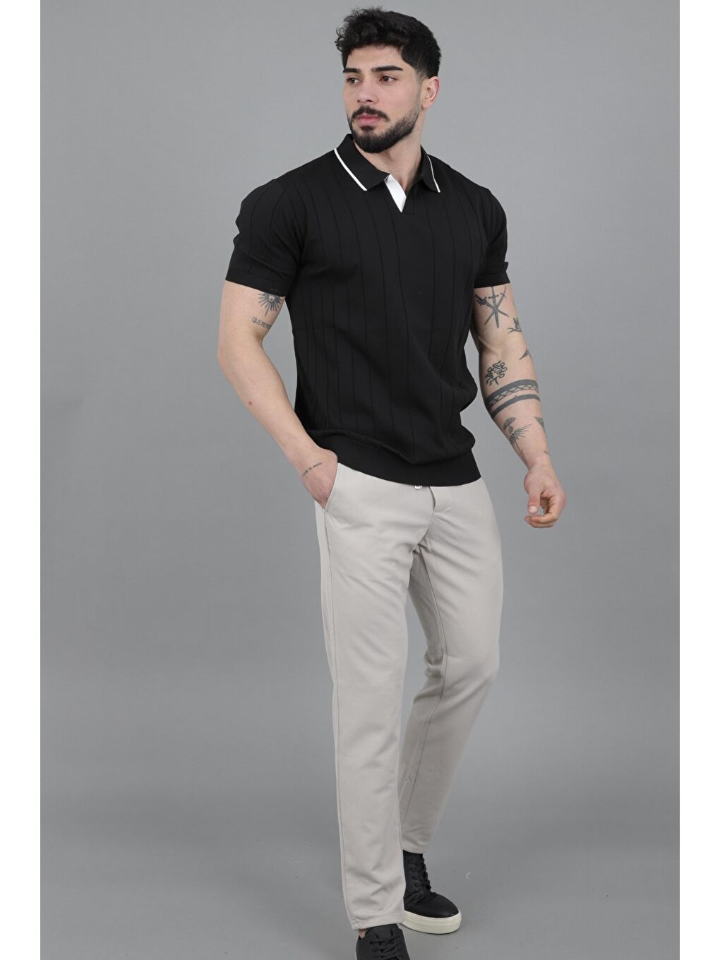 Siyah Apaç Yaka Çizgi Desen Tişört JRX 1003_30496-5