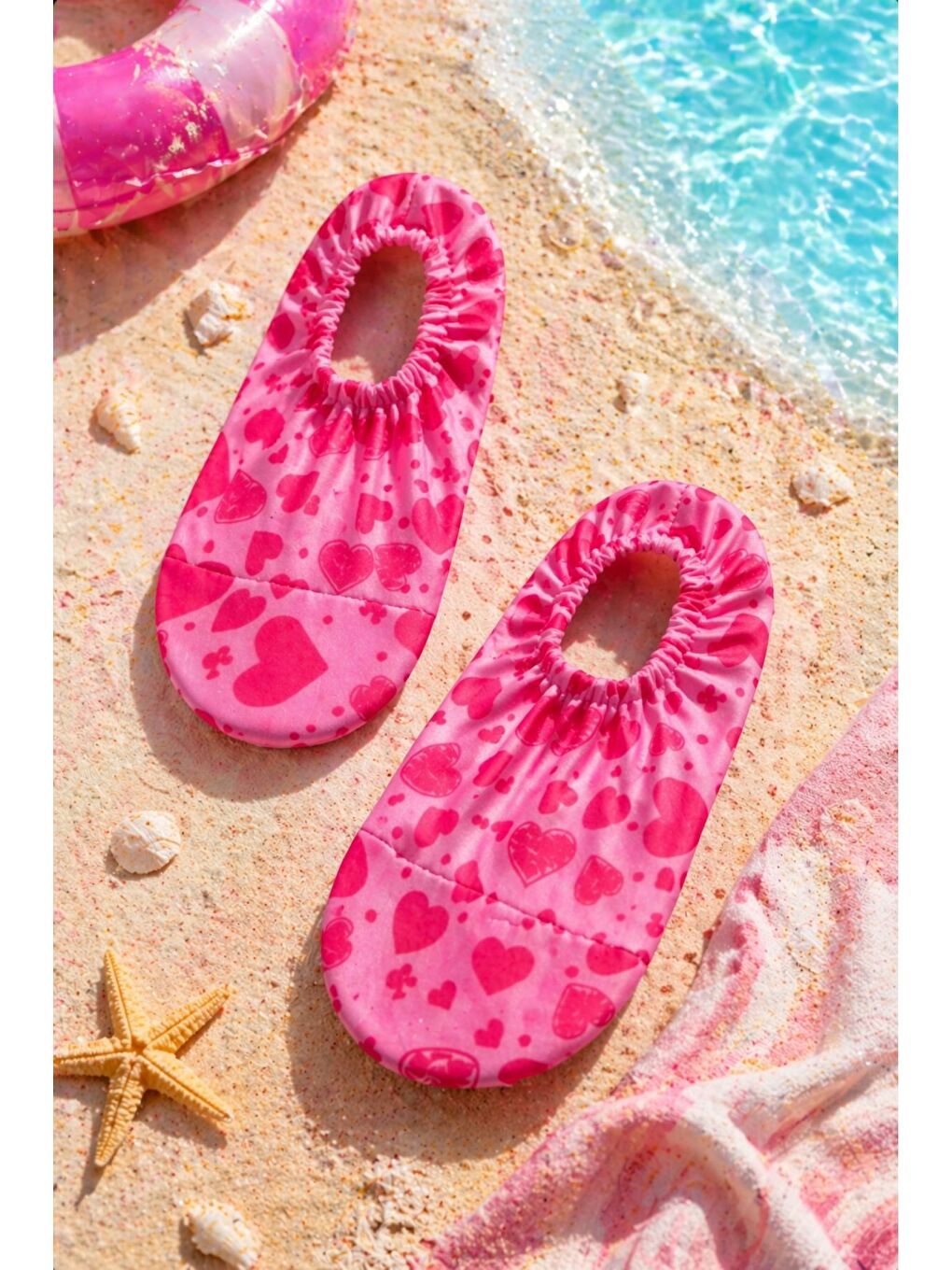 Fuşya Kalp Desenli Pembe Renk Kaymaz Taban Bebek - Çocuk Deniz Ayakkabısı