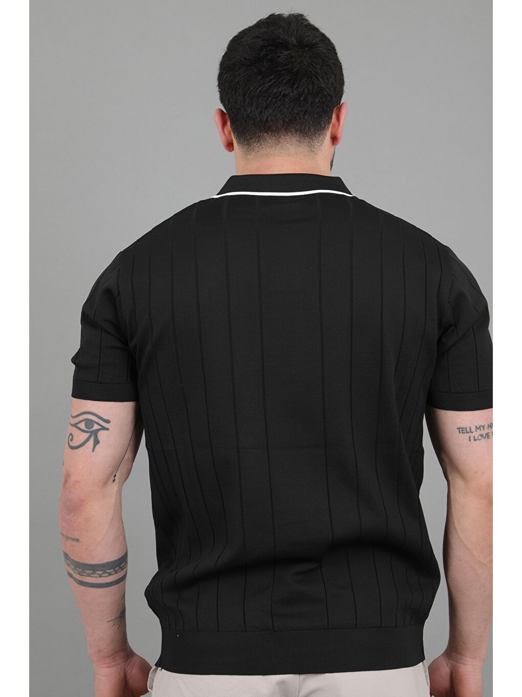 Siyah Apaç Yaka Çizgi Desen Tişört JRX 1003_30496-6