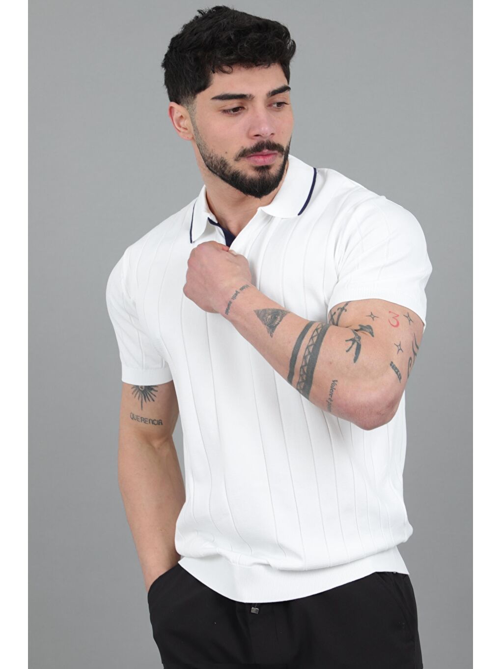 Beyaz Apaç Yaka Çizgi Desen Tişört JRX 1003_30496-1