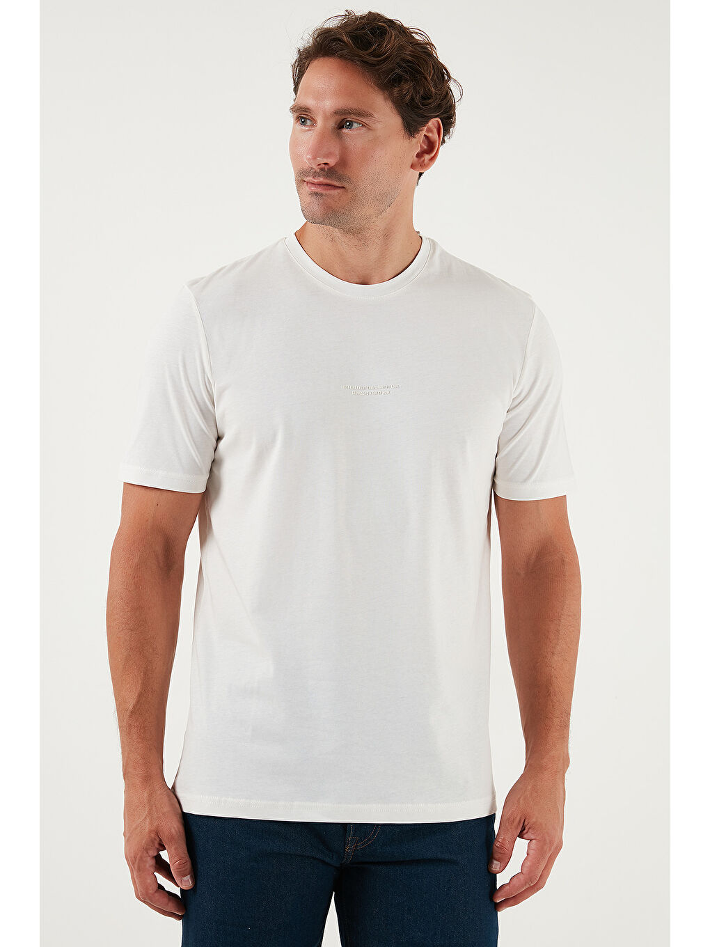 Ekru Pamuklu Baskılı Regular Fit Bisiklet Yaka %100 Pamuk Tişört 59020205-2