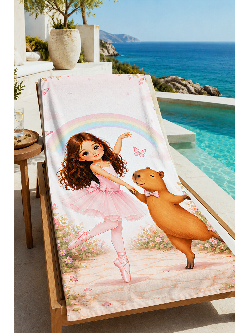 Pembe Masalsı Renk Kemeri Kız Ve Ayıcık Desenli 70x150 Plaj Havlusu - Dijital Baskılı Solmaz Banyo Havlusu-4
