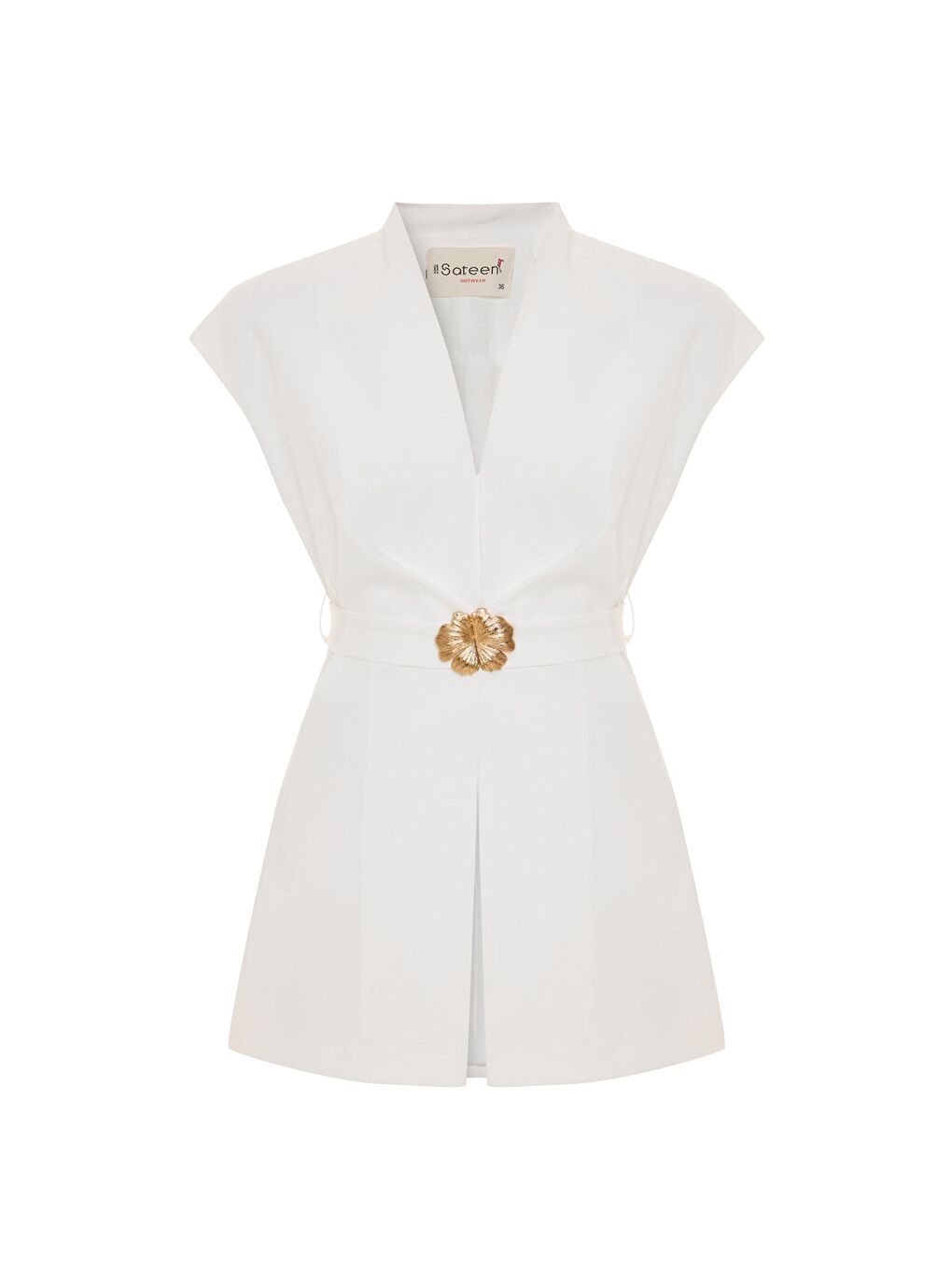 Aksesuar Kuşaklı Kolsuz Bluz - Ekru-7