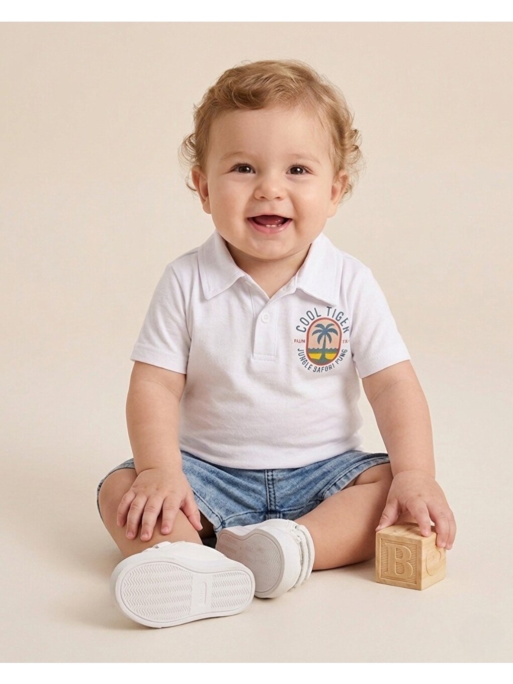 Beyaz Erkek Bebek Yazlık Jean Şortlu Baskılı Polo Yaka T-shirtli 2'li Takım-1
