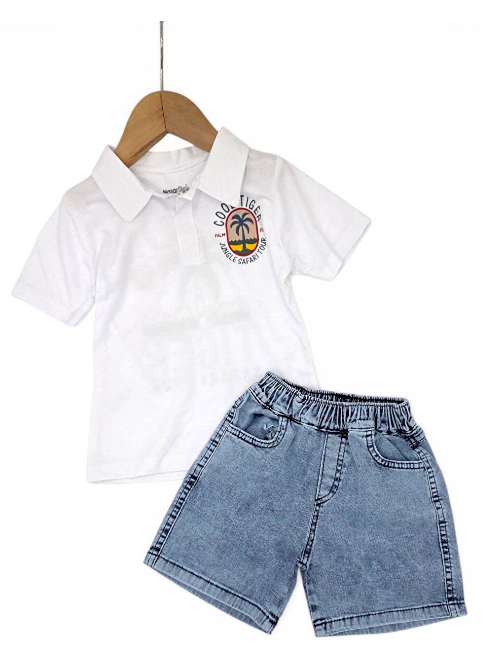 Beyaz Erkek Bebek Yazlık Jean Şortlu Baskılı Polo Yaka T-shirtli 2'li Takım-2