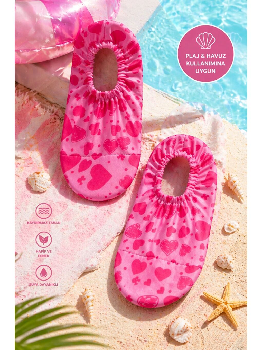 Fuşya Kalp Desenli Pembe Renk Kaymaz Taban Bebek - Çocuk Deniz Ayakkabısı-1