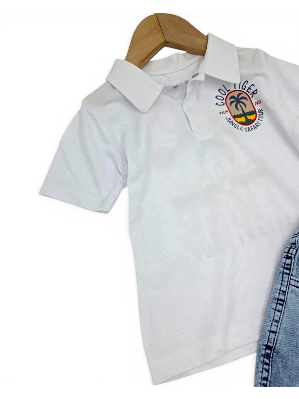 Beyaz Erkek Bebek Yazlık Jean Şortlu Baskılı Polo Yaka T-shirtli 2'li Takım-3