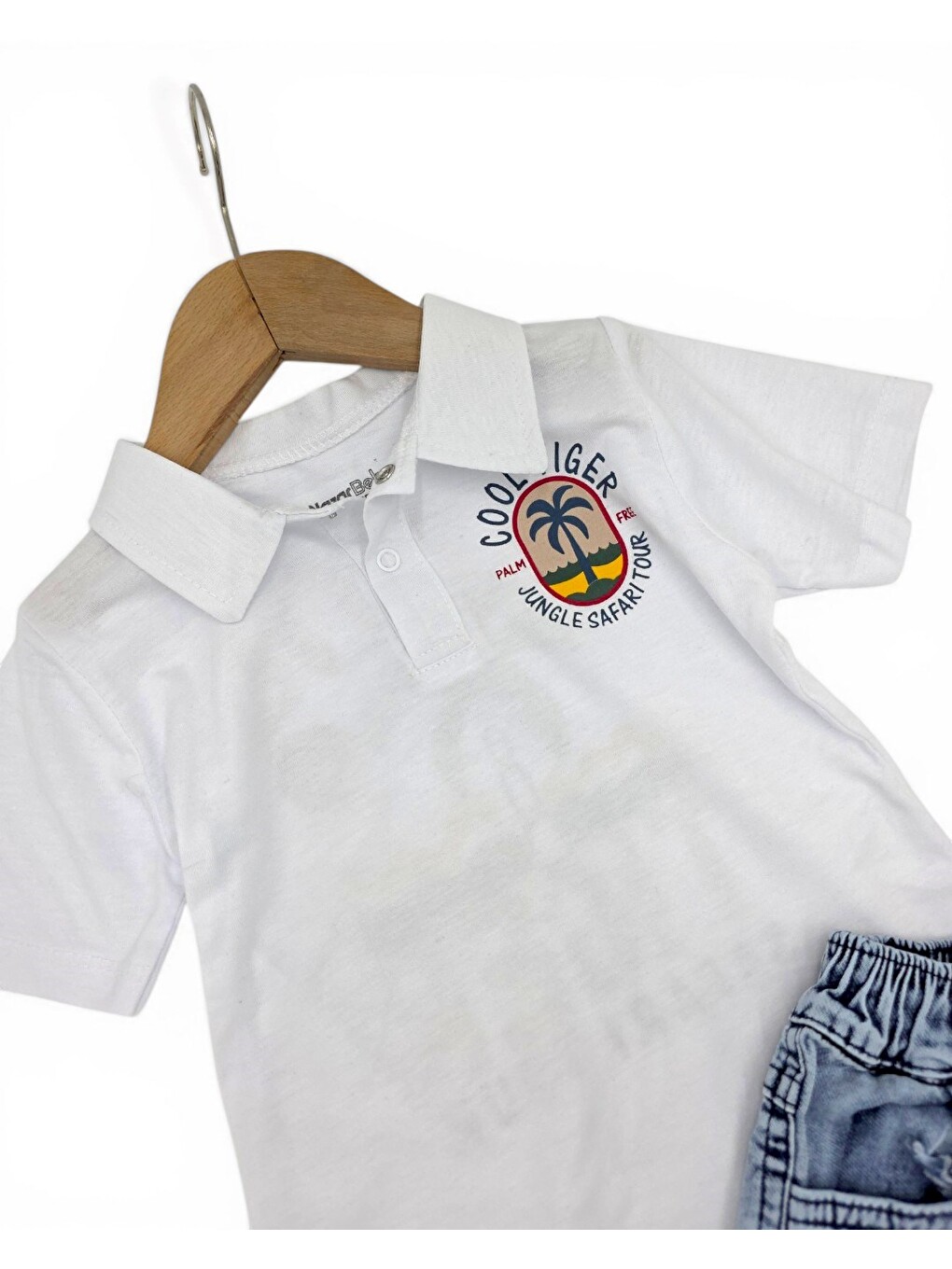 Beyaz Erkek Bebek Yazlık Jean Şortlu Baskılı Polo Yaka T-shirtli 2'li Takım-4