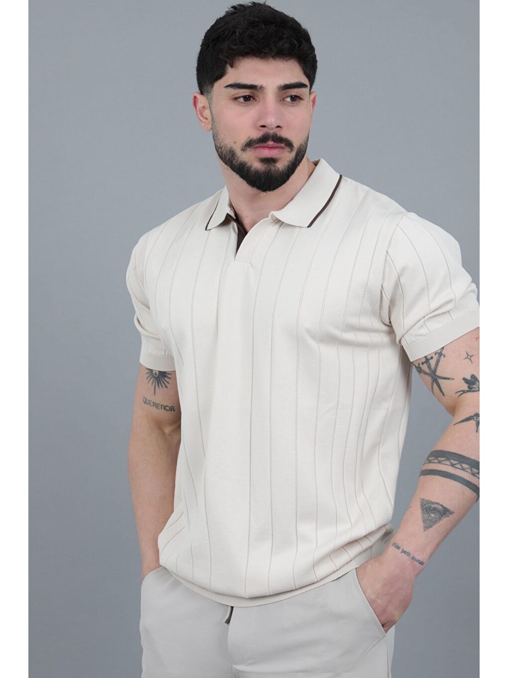 Bej Apaç Yaka Çizgi Desen Tişört JRX 1003_30496-1