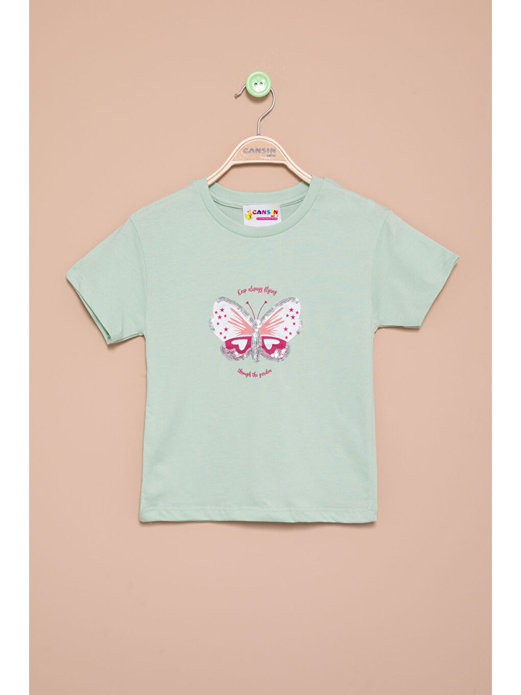 Yeşil Kelebek Baskılı Payetli Kız Çocuk Tişört 20999